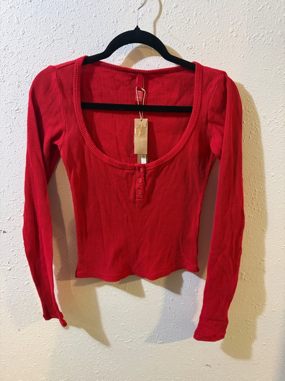 Red Ribbed Scoop Neck Long Sleeve Top - Women